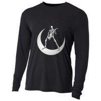 Rock And Roll Skeleton Playing Guitar Rock On Moon Halloween Cooling Performance Long Sleeve Crew