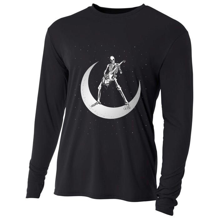 Rock And Roll Skeleton Playing Guitar Rock On Moon Halloween Cooling Performance Long Sleeve Crew
