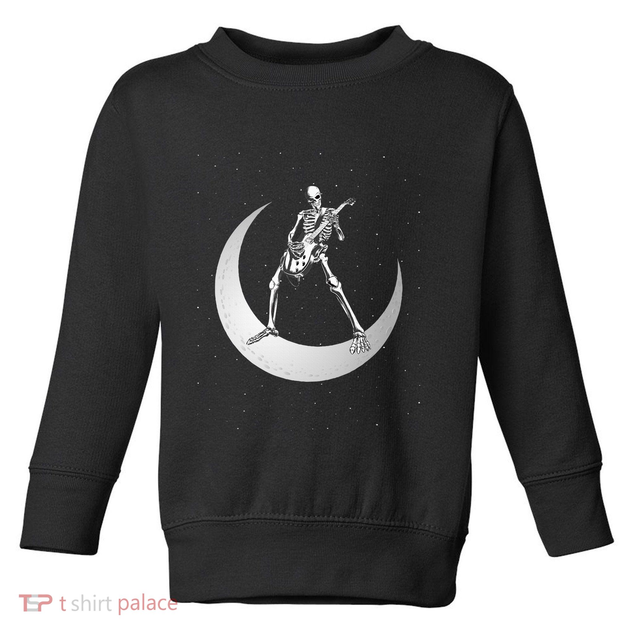 Rock And Roll Skeleton Playing Guitar Rock On Moon Halloween Toddler Sweatshirt