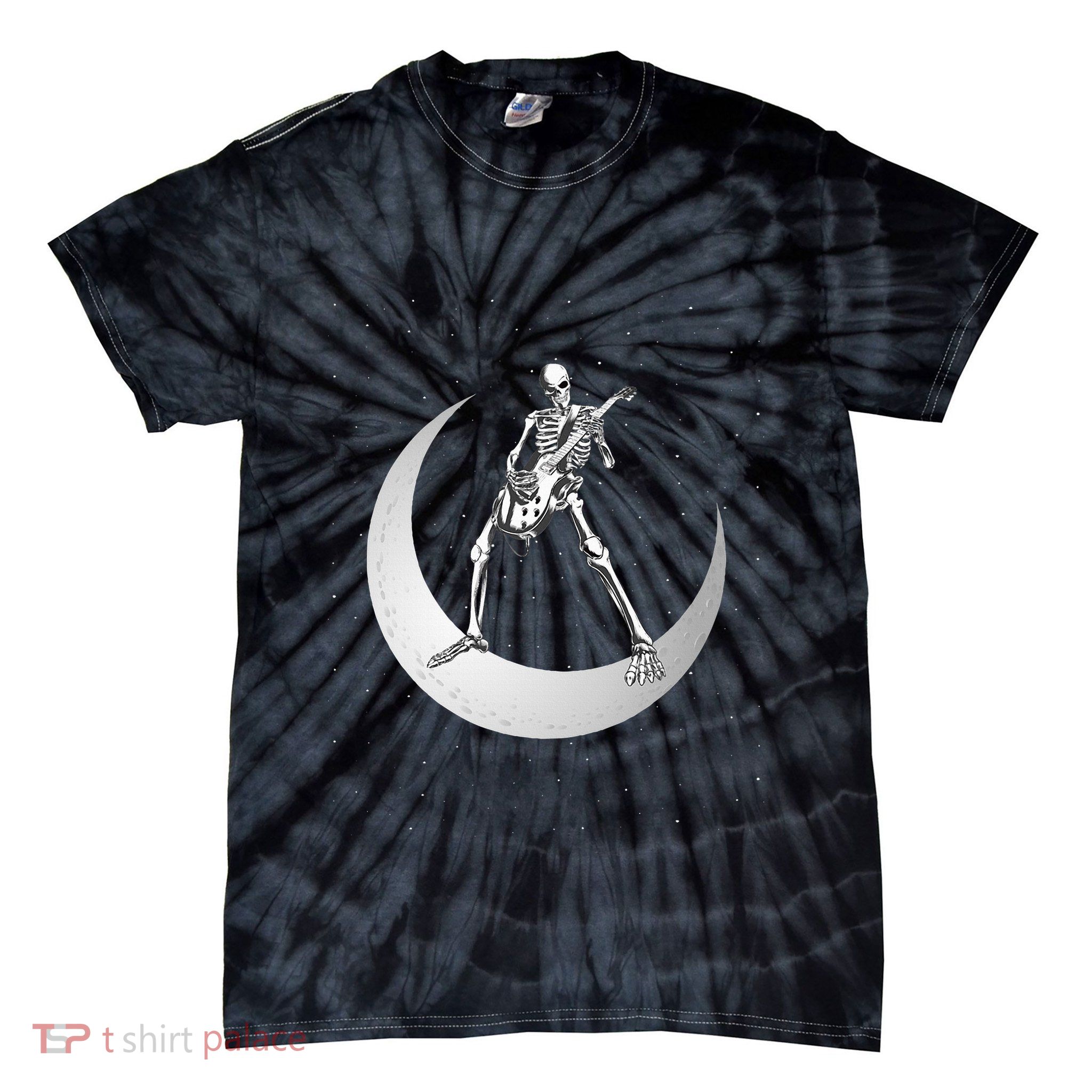 Rock And Roll Skeleton Playing Guitar Rock On Moon Halloween Tie-Dye T-Shirt