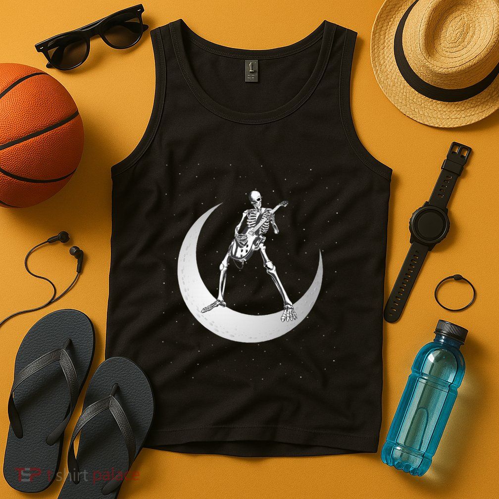 Rock And Roll Skeleton Playing Guitar Rock On Moon Halloween Tank Top