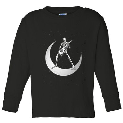 Rock And Roll Skeleton Playing Guitar Rock On Moon Halloween Toddler Long Sleeve Shirt