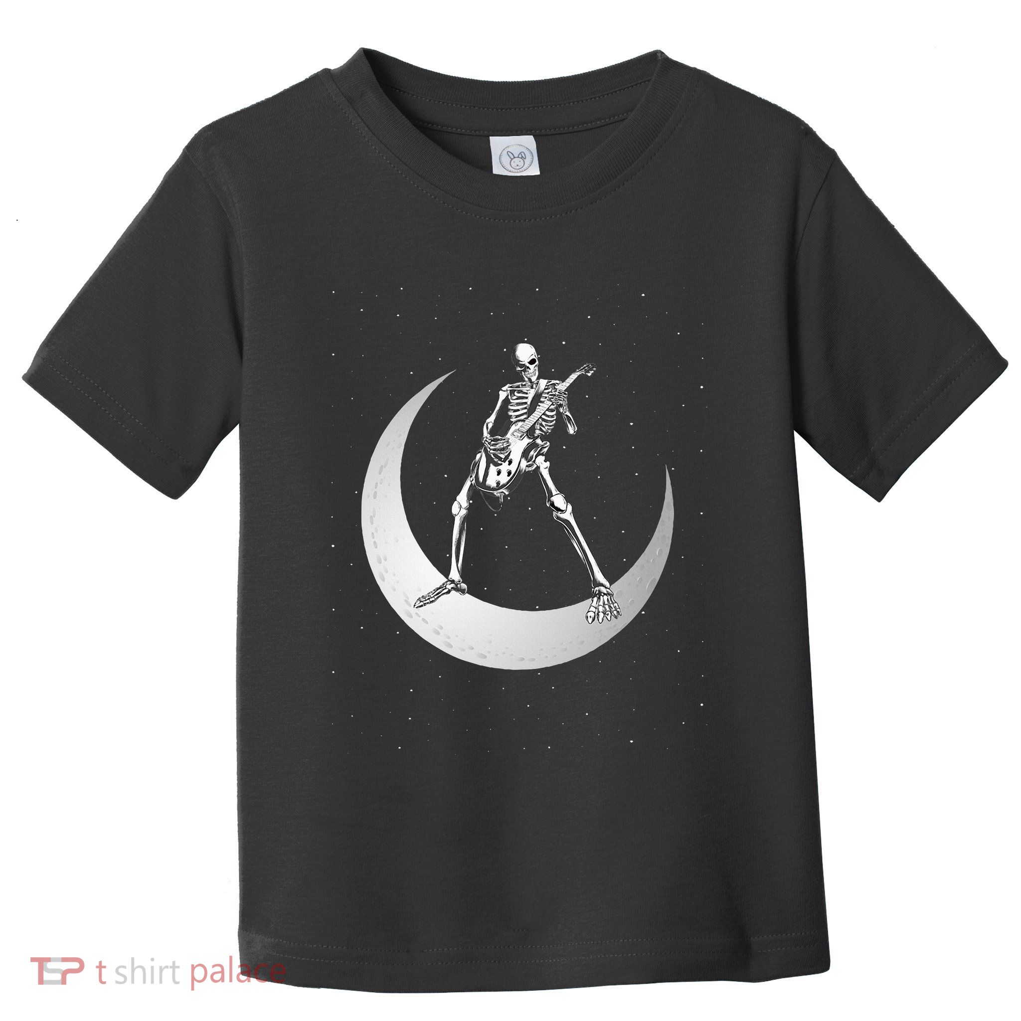 Rock And Roll Skeleton Playing Guitar Rock On Moon Halloween Toddler T-Shirt