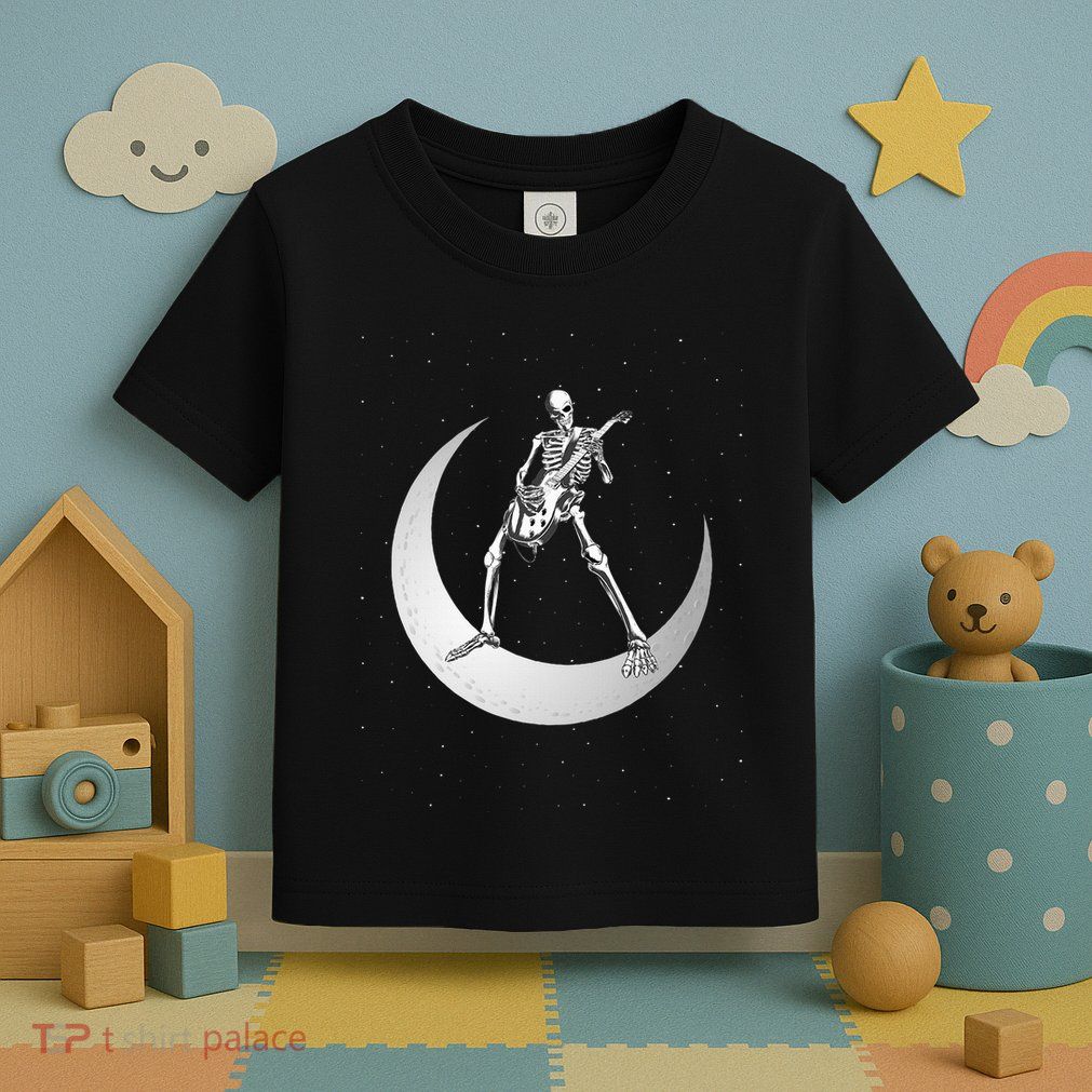 Rock And Roll Skeleton Playing Guitar Rock On Moon Halloween Toddler T-Shirt