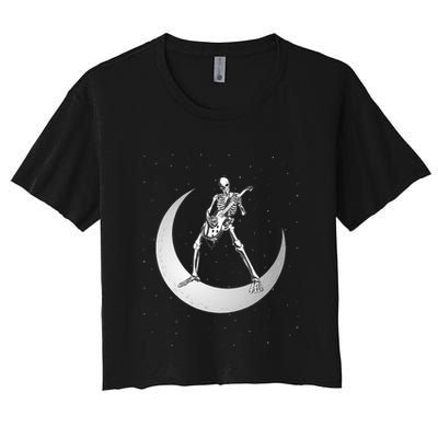 Rock And Roll Skeleton Playing Guitar Rock On Moon Halloween Crop Top