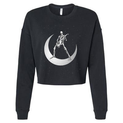 Rock And Roll Skeleton Playing Guitar Rock On Moon Halloween Cropped Pullover Crew