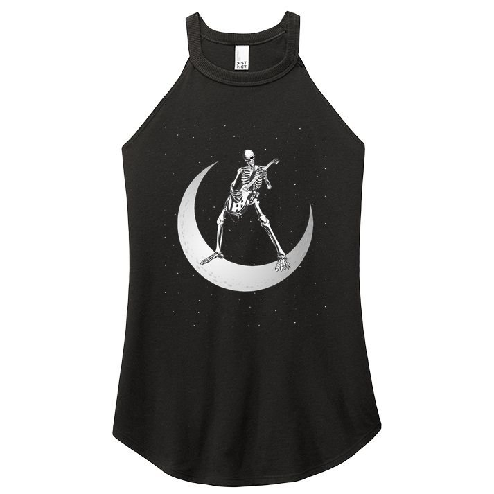 Rock And Roll Skeleton Playing Guitar Rock On Moon Halloween Women's Perfect Tri Rocker Tank