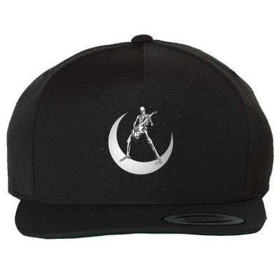 Rock And Roll Skeleton Playing Guitar Rock On Moon Halloween Wool Snapback Cap