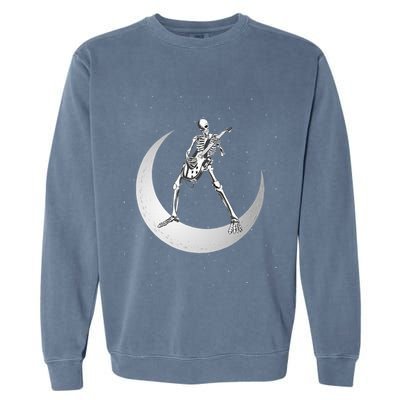 Rock And Roll Skeleton Playing Guitar Rock On Moon Halloween Garment-Dyed Sweatshirt