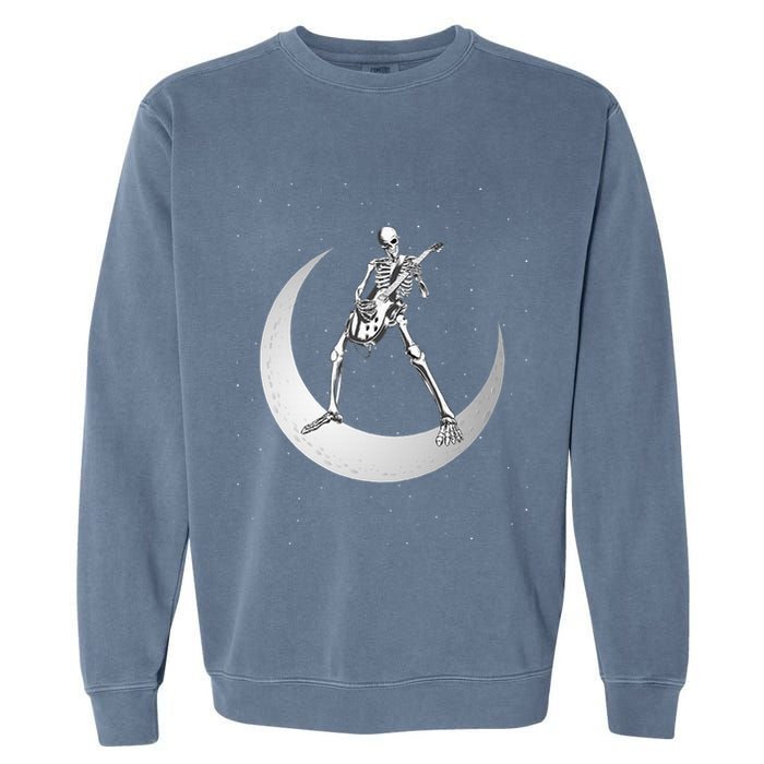 Rock And Roll Skeleton Playing Guitar Rock On Moon Halloween Garment-Dyed Sweatshirt
