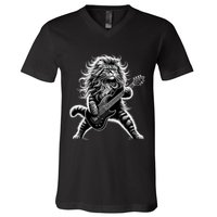 Rock And Roll Cat Playing Guitar V-Neck T-Shirt