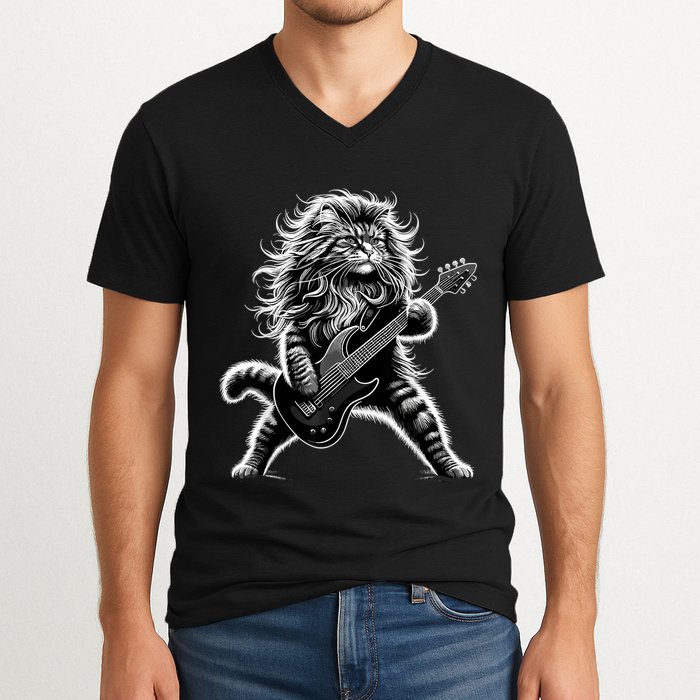 Rock And Roll Cat Playing Guitar V-Neck T-Shirt