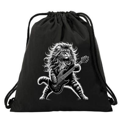 Rock And Roll Cat Playing Guitar Drawstring Bag