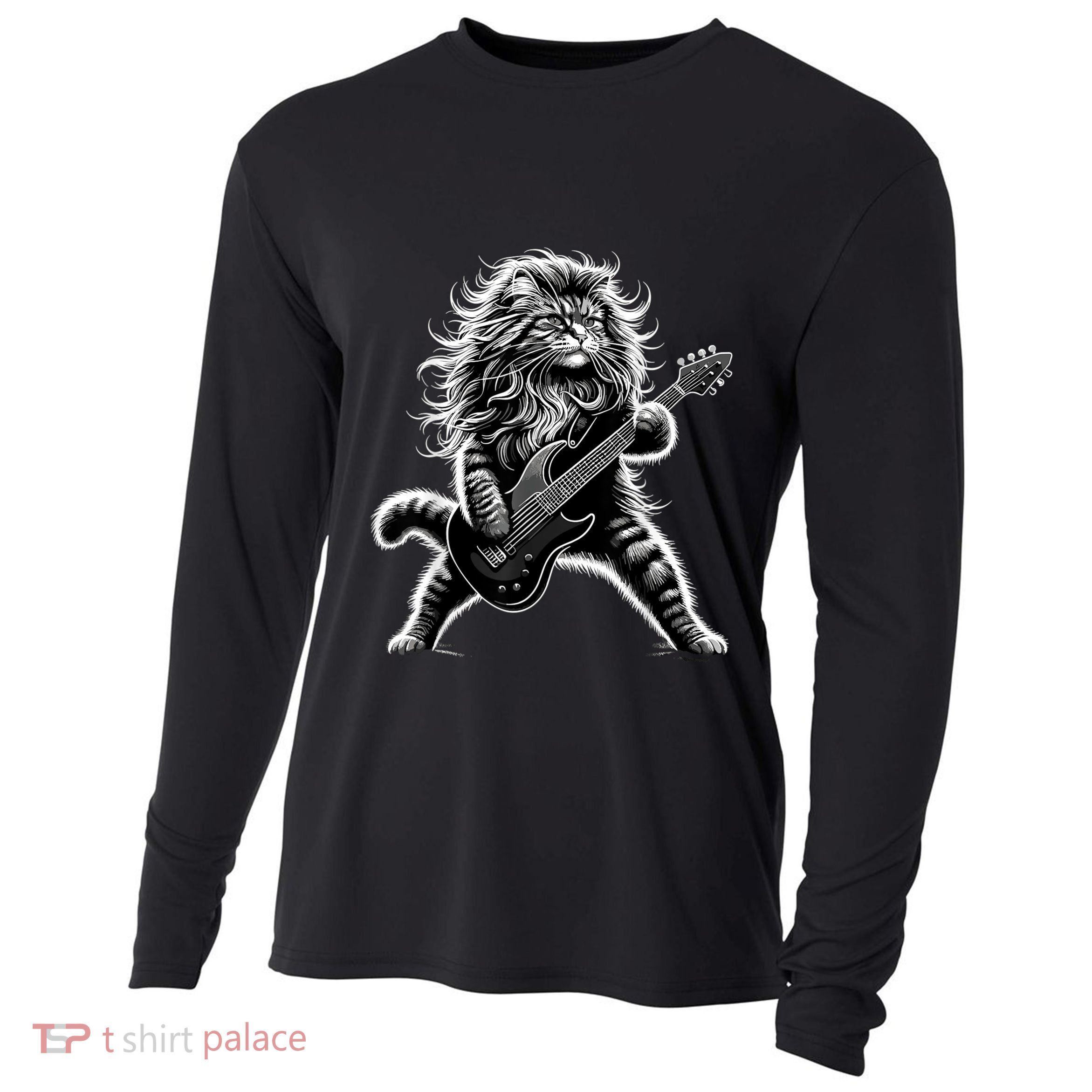 Rock And Roll Cat Playing Guitar Cooling Performance Long Sleeve Crew