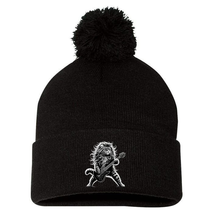 Rock And Roll Cat Playing Guitar Pom Pom 12in Knit Beanie