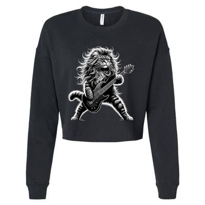 Rock And Roll Cat Playing Guitar Cropped Pullover Crew