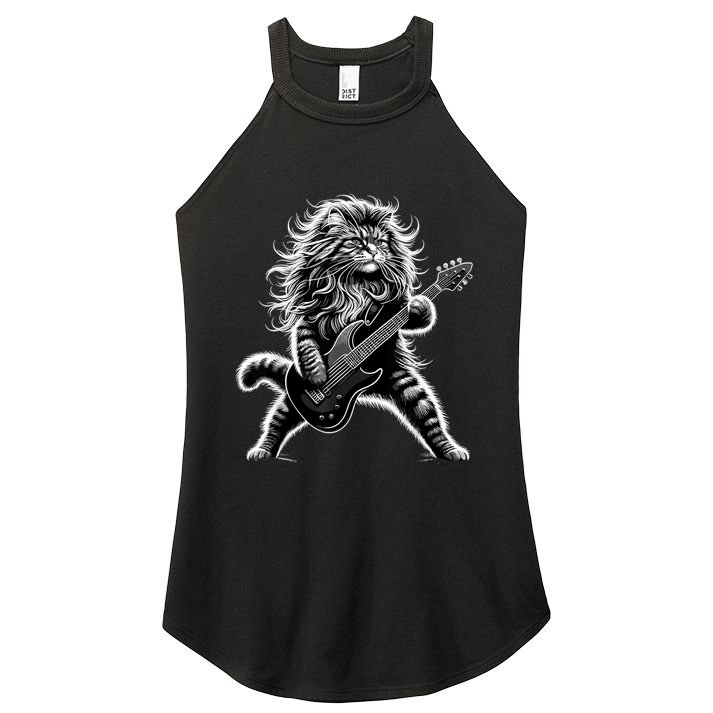 Rock And Roll Cat Playing Guitar Women's Perfect Tri Rocker Tank