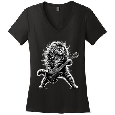 Rock And Roll Cat Playing Guitar Women's V-Neck T-Shirt