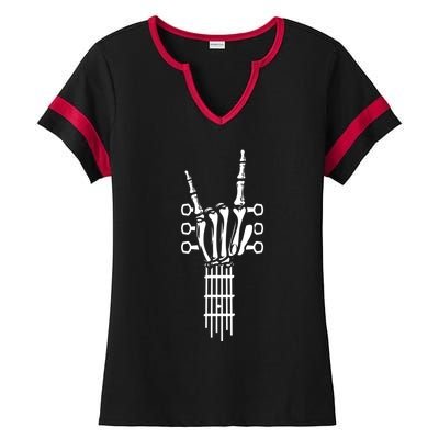 Rock And Roll Rock On Guitar Neck Cool Skeleton Hand Gift Ladies Halftime Notch Neck Tee