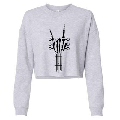 Rock And Roll Rock On Guitar Neck Cool Skeleton Hand Gift Cropped Pullover Crew