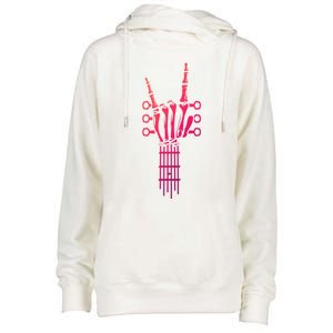 Rock And Roll Rock On Guitar Neck Cool Skeleton Hand Gift Womens Funnel Neck Pullover Hood