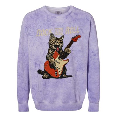 Rock And Roll Guitar Cat Vintage Rock Guitarist Cat Colorblast Crewneck Sweatshirt