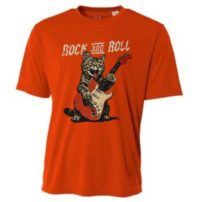 Rock And Roll Guitar Cat Vintage Rock Guitarist Cat Cooling Performance Crew T-Shirt