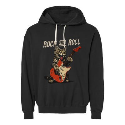 Rock And Roll Guitar Cat Vintage Rock Guitarist Cat Garment-Dyed Fleece Hoodie