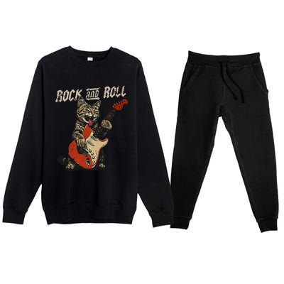 Rock And Roll Guitar Cat Vintage Rock Guitarist Cat Premium Crewneck Sweatsuit Set