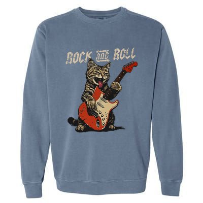 Rock And Roll Guitar Cat Vintage Rock Guitarist Cat Garment-Dyed Sweatshirt