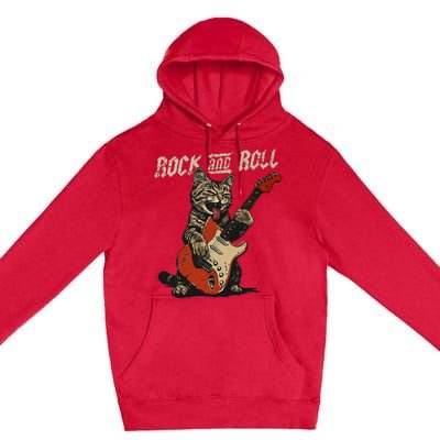 Rock And Roll Guitar Cat Vintage Rock Guitarist Cat Premium Pullover Hoodie