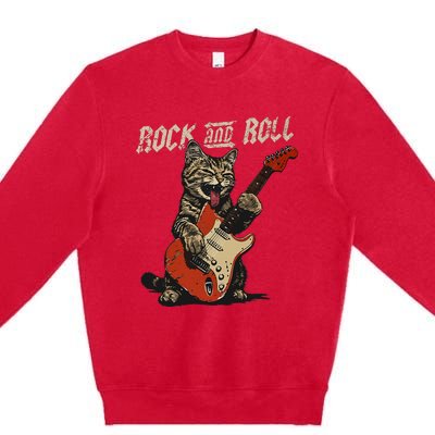 Rock And Roll Guitar Cat Vintage Rock Guitarist Cat Premium Crewneck Sweatshirt