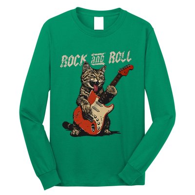 Rock And Roll Guitar Cat Vintage Rock Guitarist Cat Long Sleeve Shirt