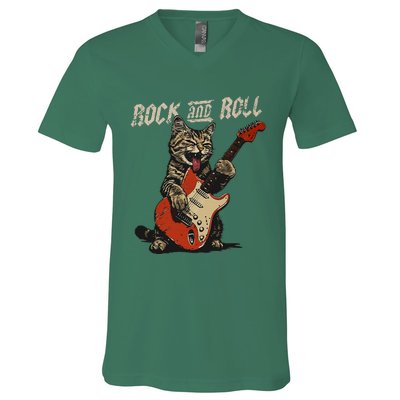 Rock And Roll Guitar Cat Vintage Rock Guitarist Cat V-Neck T-Shirt