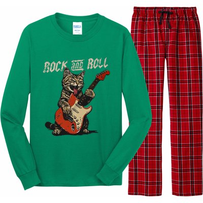 Rock And Roll Guitar Cat Vintage Rock Guitarist Cat Long Sleeve Pajama Set