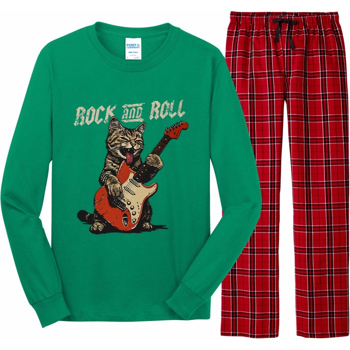 Rock And Roll Guitar Cat Vintage Rock Guitarist Cat Long Sleeve Pajama Set