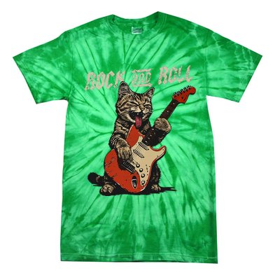 Rock And Roll Guitar Cat Vintage Rock Guitarist Cat Tie-Dye T-Shirt