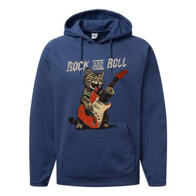 Rock And Roll Guitar Cat Vintage Rock Guitarist Cat Performance Fleece Hoodie