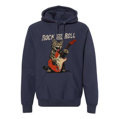 Rock And Roll Guitar Cat Vintage Rock Guitarist Cat Premium Hoodie