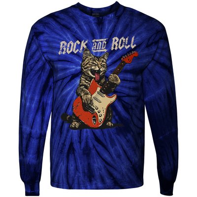 Rock And Roll Guitar Cat Vintage Rock Guitarist Cat Tie-Dye Long Sleeve Shirt