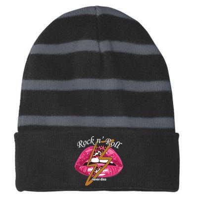 Rock And Roll Never Dies Lips Striped Beanie with Solid Band