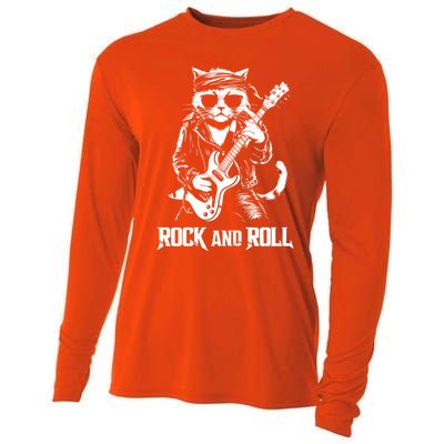 Rock And Roll Funny Cat Playing Bass Guitar Bassist Gift Cooling Performance Long Sleeve Crew