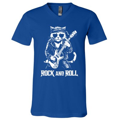 Rock And Roll Funny Cat Playing Bass Guitar Bassist Gift V-Neck T-Shirt