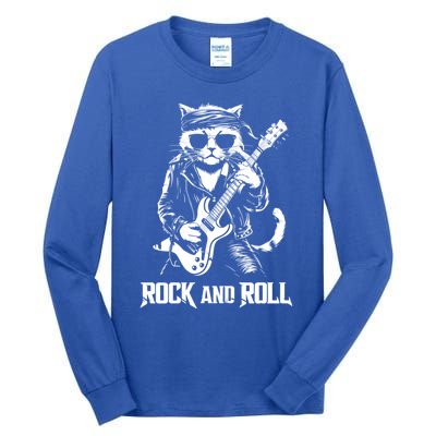 Rock And Roll Funny Cat Playing Bass Guitar Bassist Gift Tall Long Sleeve T-Shirt