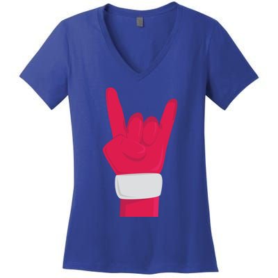 Rock And Roll Hand Santa Christmas Xmas Music Fans Musician Cool Gift Women's V-Neck T-Shirt