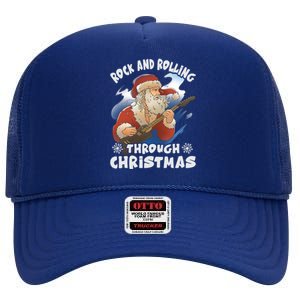 Rock And Rolling Through Christmas Funny Guitar Santa Cute Gift High Crown Mesh Back Trucker Hat