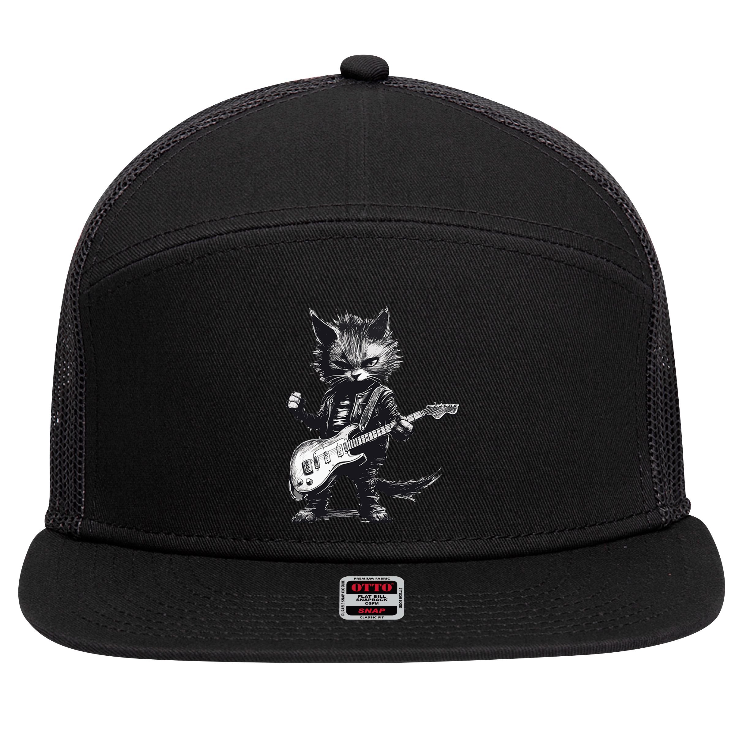Rock And Roll Cat Guitar 7 Panel Mesh Trucker Snapback Hat