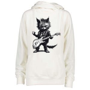 Rock And Roll Cat Guitar Womens Funnel Neck Pullover Hood