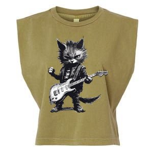 Rock And Roll Cat Guitar Garment-Dyed Women's Muscle Tee