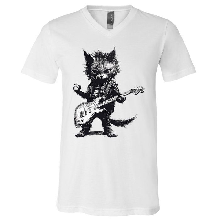 Rock And Roll Cat Guitar V-Neck T-Shirt